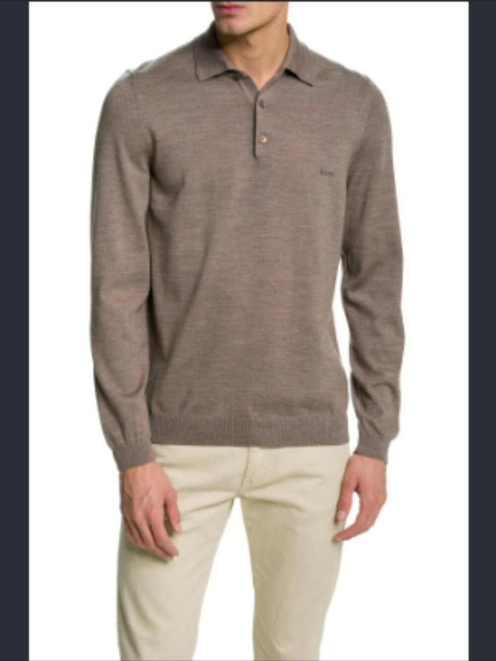 BOSS Hugo Boss Virgin Wool Polo Shirt Top Knit Long Sleeve Taupe Brown Small